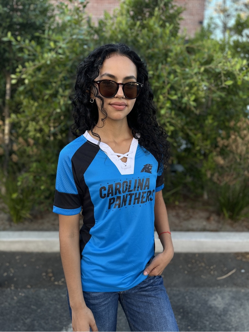 Majestic Carolina Panthers Blue Lace-Up V-Neck Women’s Jersey Size XL